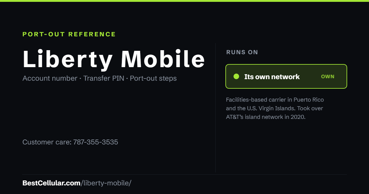 Liberty Mobile runs on its own network in Puerto Rico and the U.S. Virgin Islands. Reference card showing where to get the Liberty Mobile account number and transfer PIN.