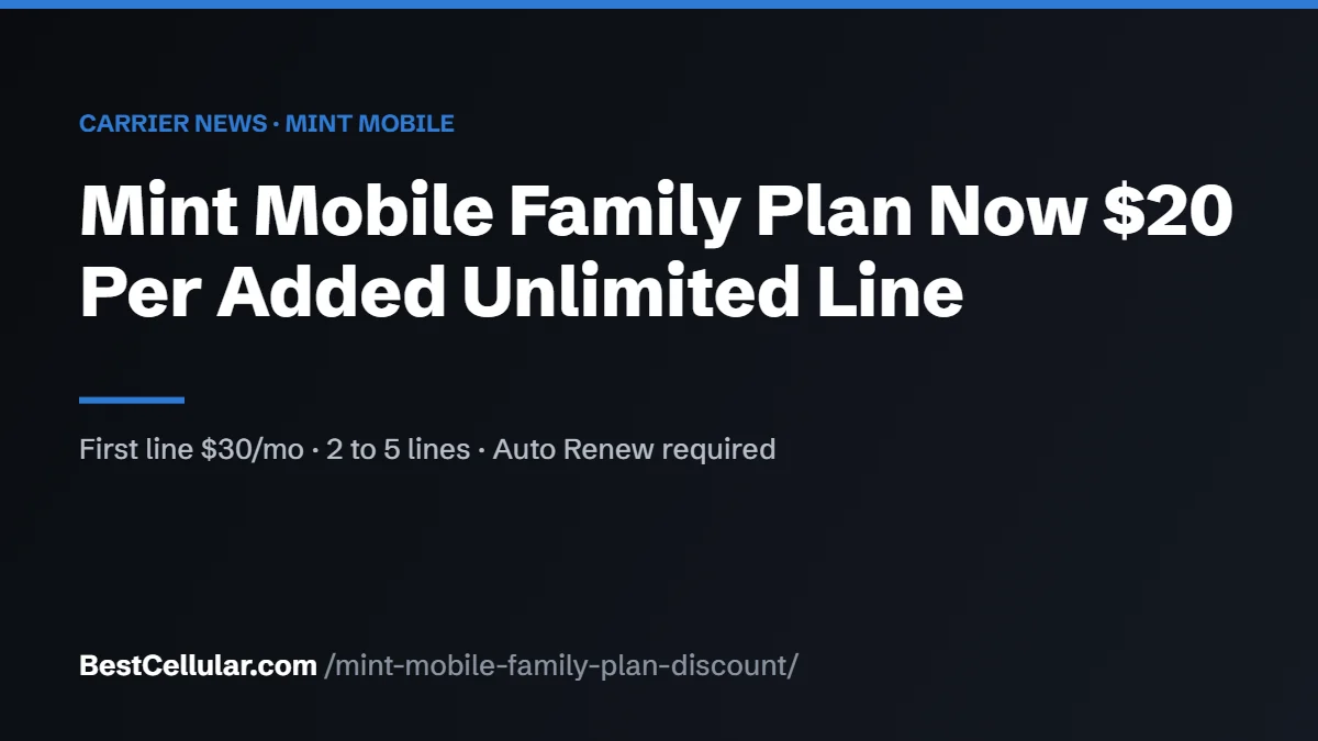 Mint Mobile family plan news card: added Unlimited lines now $20 a month after the $30 first line