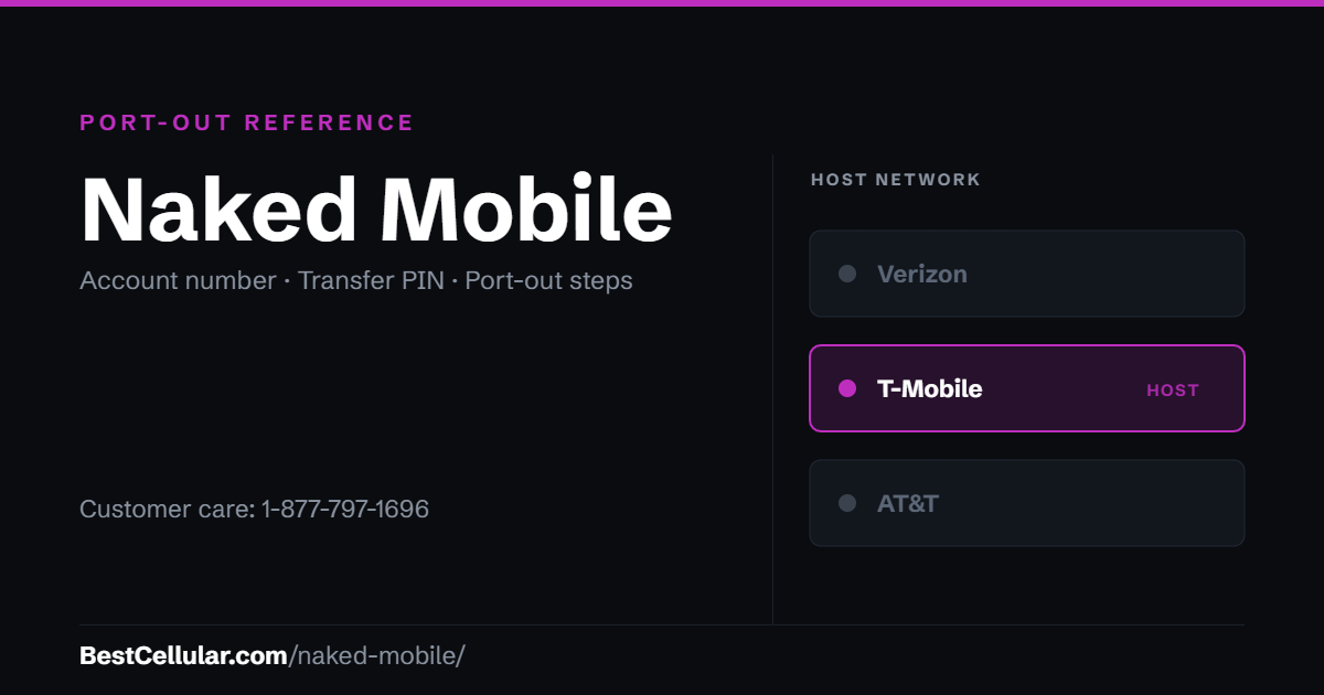 Naked Mobile runs on the T-Mobile network. Reference card showing where to get the Naked Mobile account number and transfer PIN.