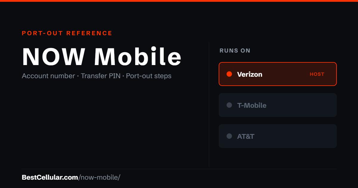 NOW Mobile runs on the Verizon network. Reference card showing where to get the NOW Mobile account number and transfer PIN.