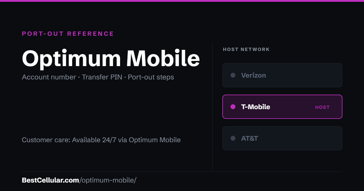 Optimum Mobile runs on the T-Mobile network. Reference card showing where to get the Optimum Mobile account number and transfer PIN.