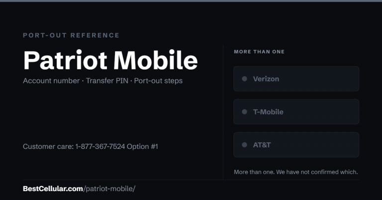 Patriot Mobile runs on more than one network. Reference card showing where to get the Patriot Mobile account number and transfer PIN.