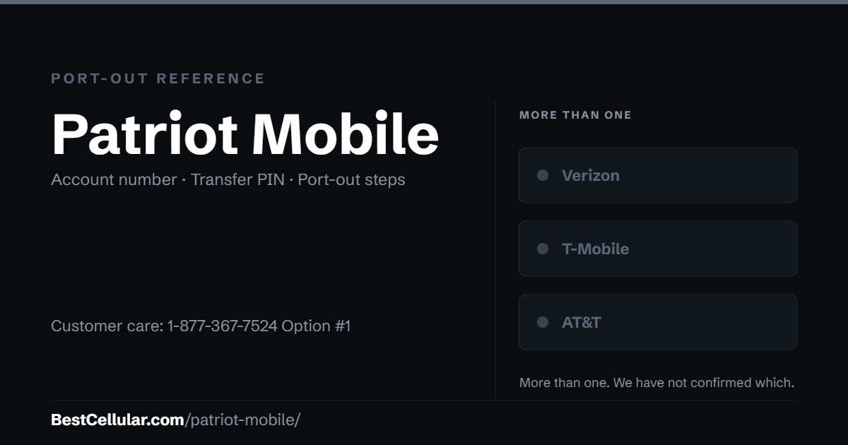 Patriot Mobile runs on more than one network. Reference card showing where to get the Patriot Mobile account number and transfer PIN.