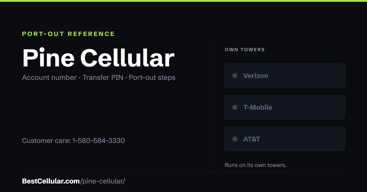 Pine Cellular runs on its own towers. Reference card showing where to get the Pine Cellular account number and transfer PIN.