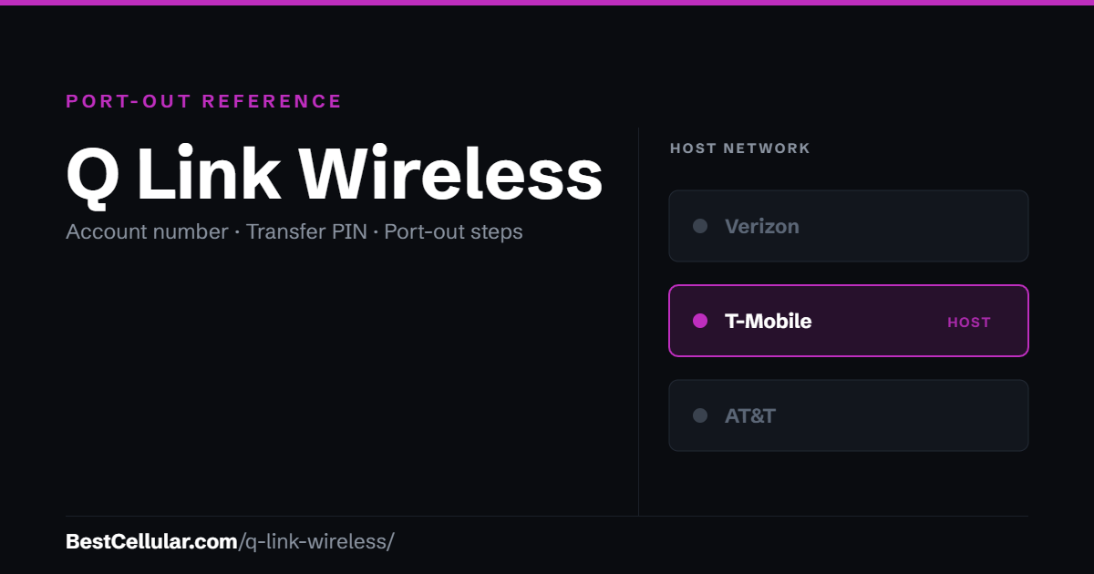 Q Link Wireless ran on the T-Mobile network. Reference card showing where to get the Q Link Wireless account number and transfer PIN.