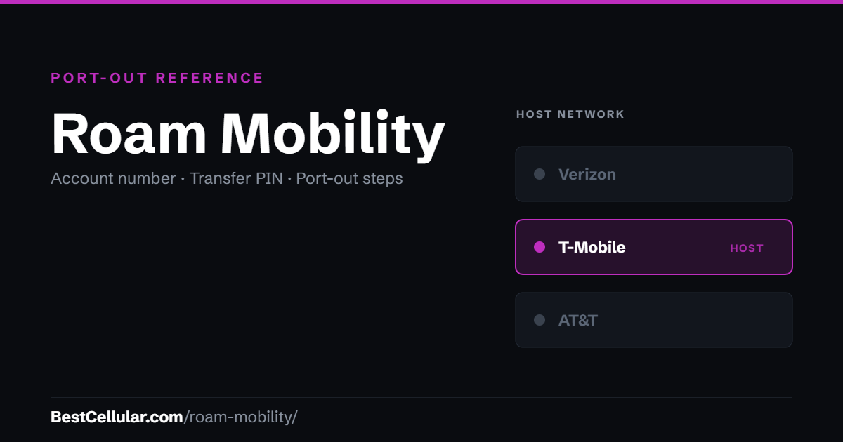 Roam Mobility runs on the T-Mobile network. Reference card showing where to get the Roam Mobility account number and transfer PIN.