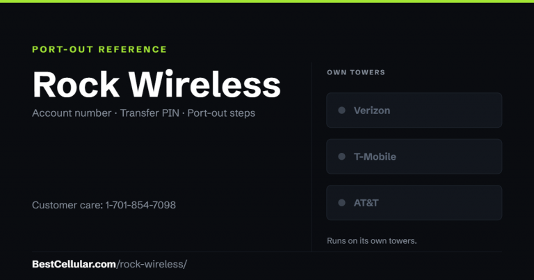 Rock Wireless runs on its own towers. Reference card showing where to get the Rock Wireless account number and transfer PIN.