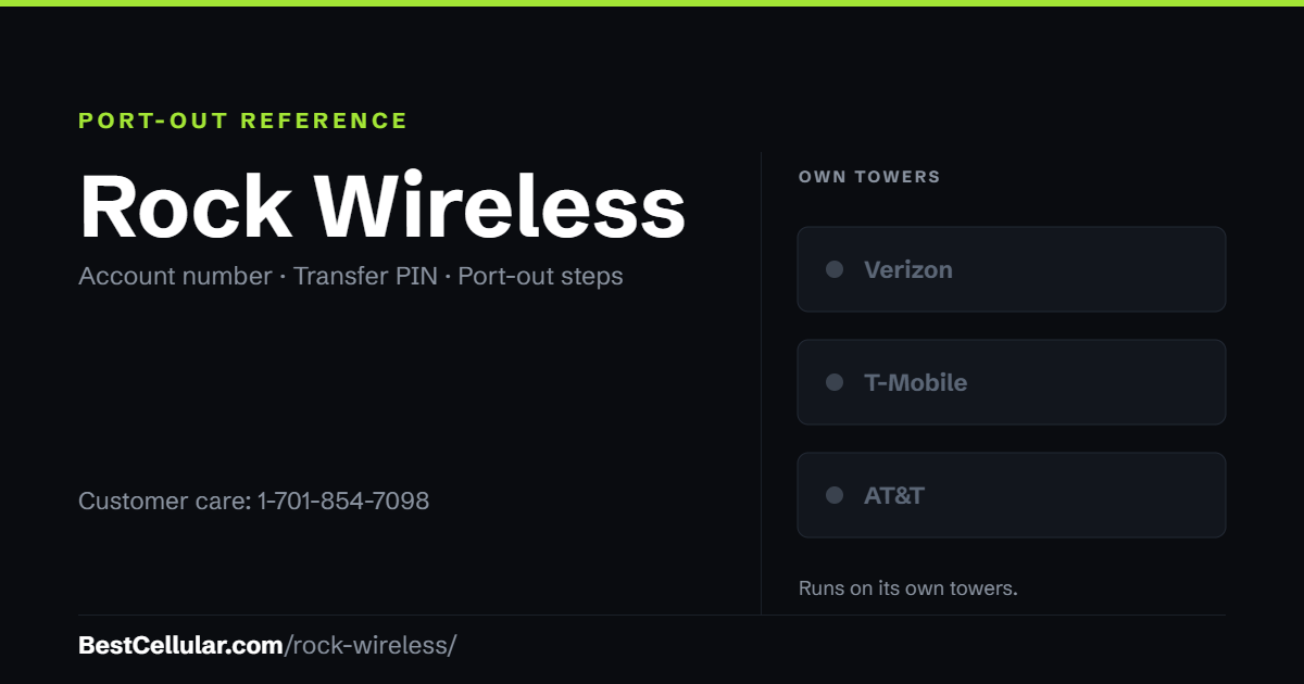 Rock Wireless runs on its own towers. Reference card showing where to get the Rock Wireless account number and transfer PIN.