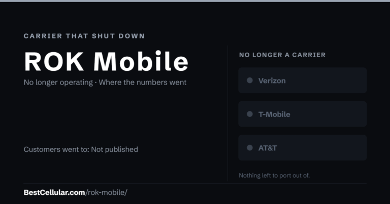 ROK Mobile shut down. Customers went to Not published. Reference card from Best Cellular.