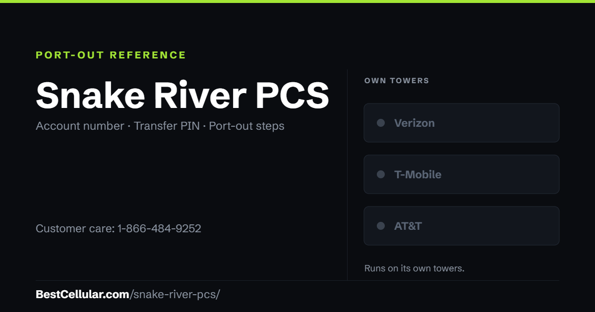 Snake River PCS runs on its own towers. Reference card showing where to get the Snake River PCS account number and transfer PIN.