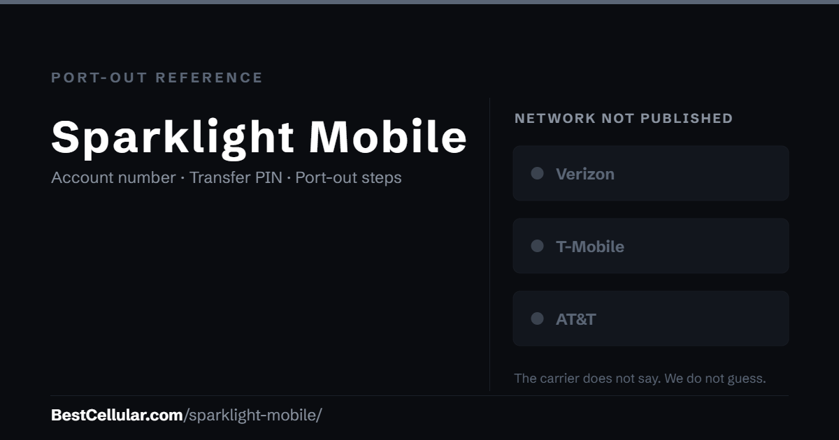 Sparklight Mobile does not publish which network it runs on. Reference card showing where to get the Sparklight Mobile account number and transfer PIN.