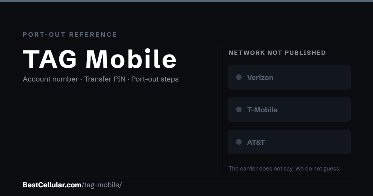 TAG Mobile does not publish which network it runs on. Reference card showing where to get the TAG Mobile account number and transfer PIN.