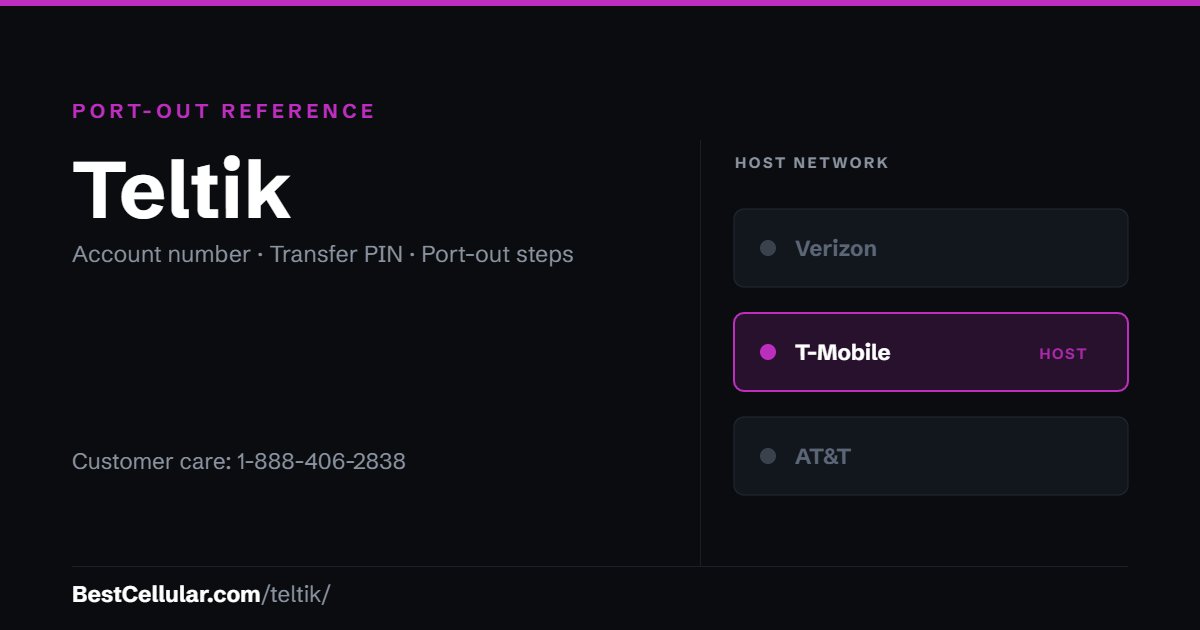 Teltik runs on the T-Mobile network. Reference card showing where to get the Teltik account number and transfer PIN.