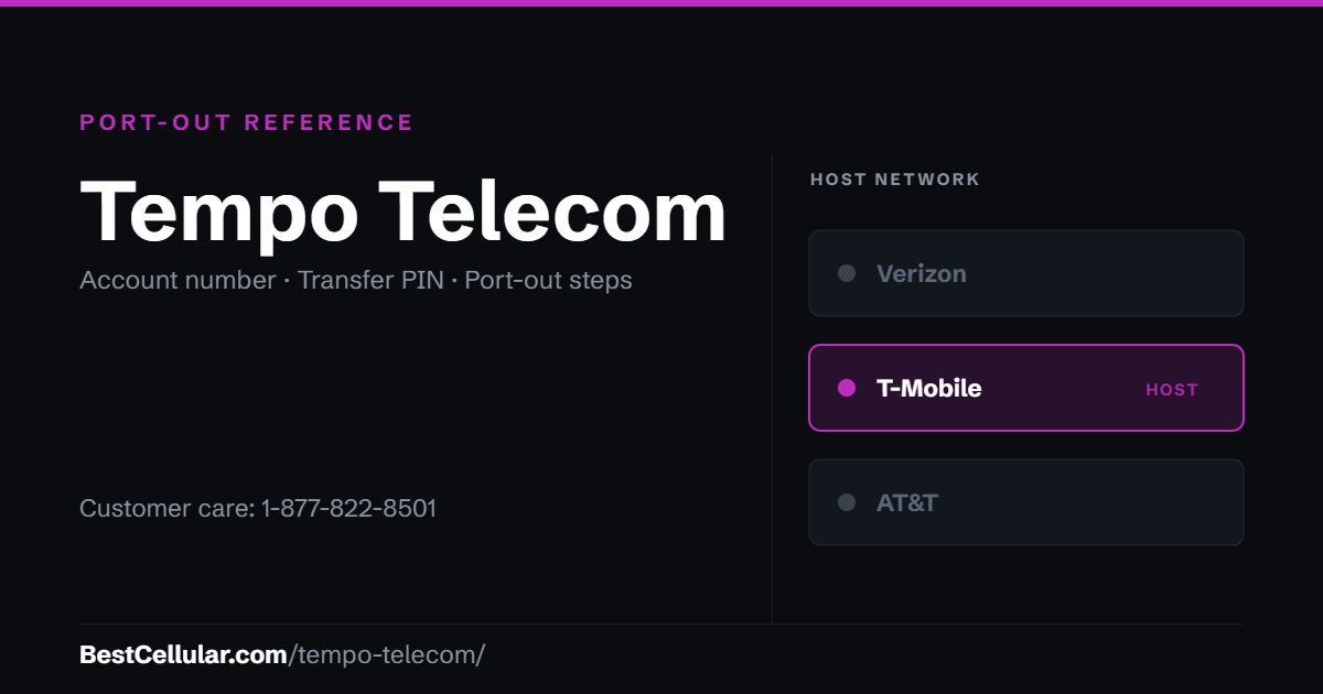 Tempo Telecom runs on the T-Mobile network. Reference card showing where to get the Tempo Telecom account number and transfer PIN.