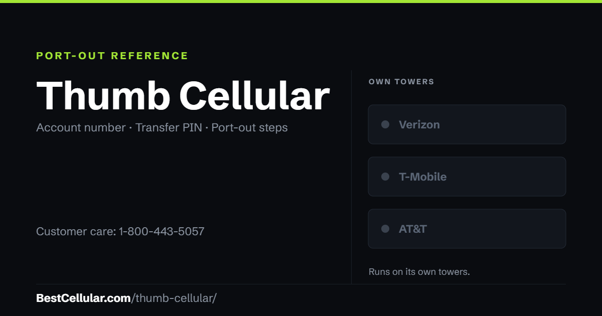 Thumb Cellular runs on its own towers. Reference card showing where to get the Thumb Cellular account number and transfer PIN.