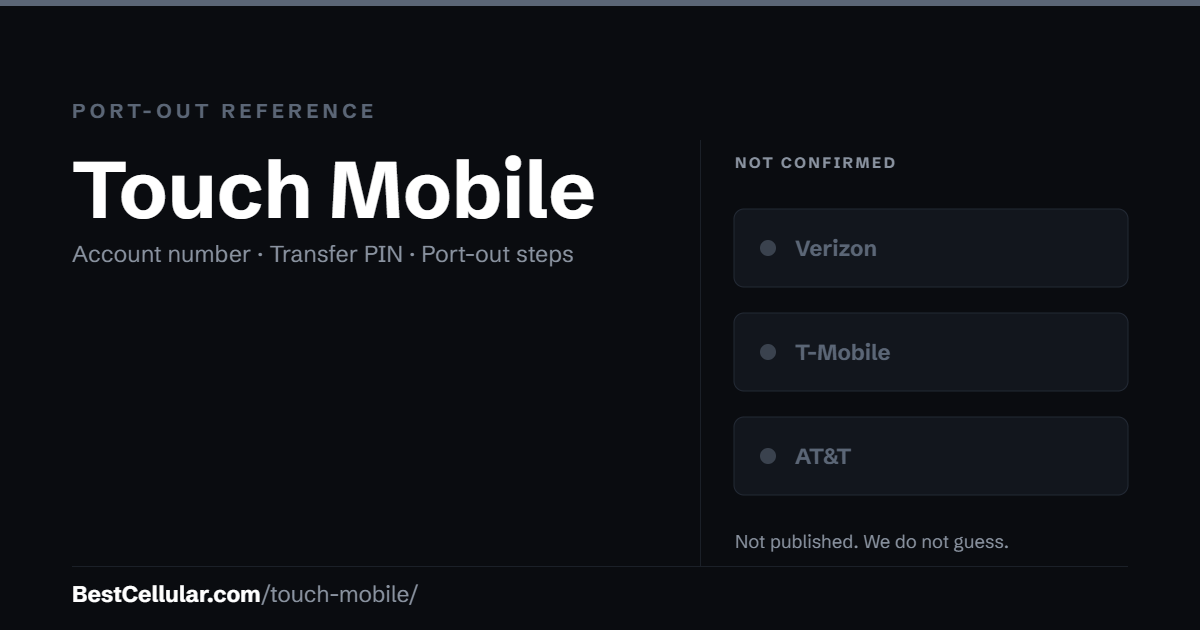 Touch Mobile does not publish which network it ran on. Reference card showing where to get the Touch Mobile account number and transfer PIN.