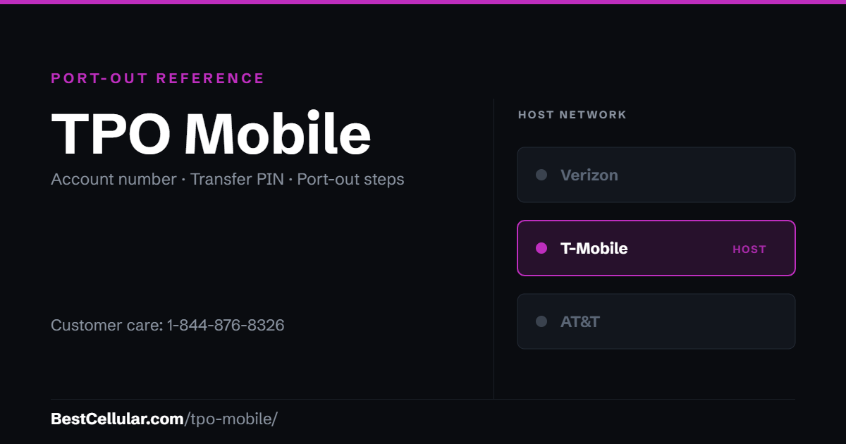 TPO Mobile runs on the T-Mobile network. Reference card showing where to get the TPO Mobile account number and transfer PIN.