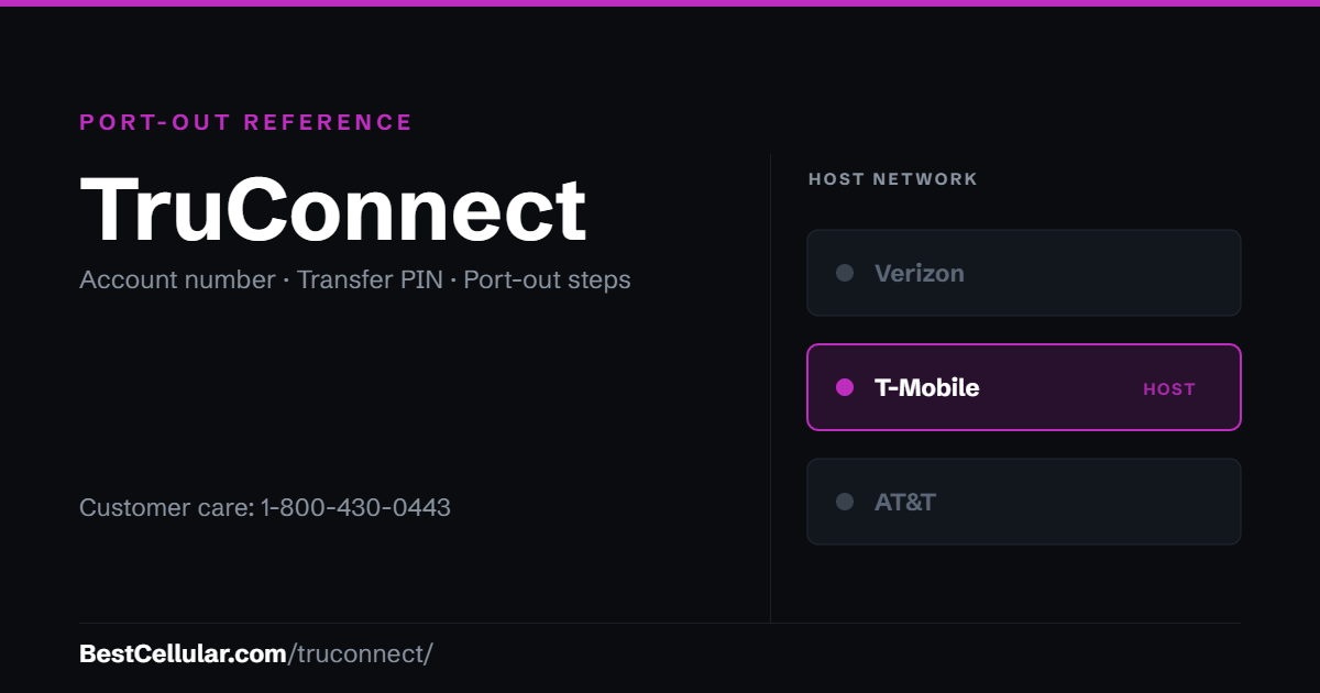 TruConnect runs on the T-Mobile network. Reference card showing where to get the TruConnect account number and transfer PIN.