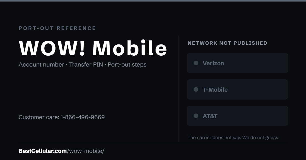 WOW! Mobile does not publish which network it runs on. Reference card showing where to get the WOW! Mobile account number and transfer PIN.